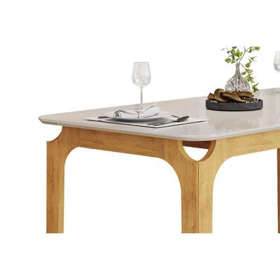 Mesa Multiuso Cozinha Marina c/ Tampo Madeirado c/ Vidro Curvo 160x80cm Freijo/Off White - DJ Móveis