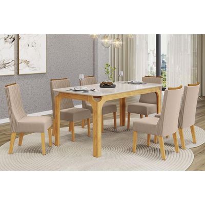 Mesa Multiuso Cozinha Marina c/ Tampo Madeirado c/ Vidro Curvo 160x80cm Freijo/Off White - DJ Móveis