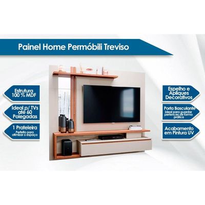 Painel Quarto p/ TV até 60 Pol Treviso c/ 1 Porta e Nicho 180x153cm Off White/Cinamomo - Permóbili
