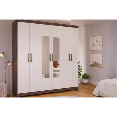 Guarda Roupa 6 Portas (2 c/ Espelho) e 3 Gavetas Clara Cinamomo/Off White - Panan