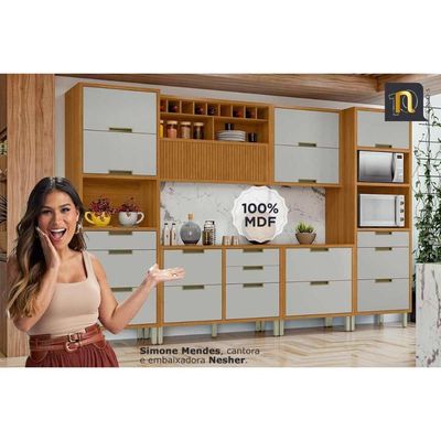 Cozinha Modulada Completa Imperatriz 8 Peças (3Aéreos+4Balcões+1Ilha) C8P53 Freijo/Grafite - Nesher