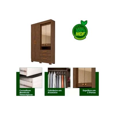 Guarda Roupa 4 Portas (2 c/ Espelho) e 3 Gavetas Débora Cinamomo - ACP