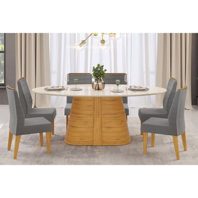 Mesa p/ Cozinha Ryze c/ Tampo Madeirado c/ Vidro Oval 218x108cm Freijo/Off White - DJ Móveis