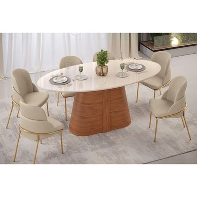 Mesa p/ Cozinha Ryze c/ Tampo Madeirado c/ Vidro Oval 218x108cm Freijo/Off White - DJ Móveis