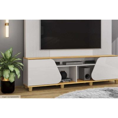 Rack Bancada c/ Painel p/ TV até 70 Pol Henry 2 Porta 182x184cm Off White/Freijó - DJ Móveis