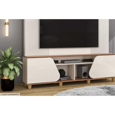 Rack Bancada c/ Painel p/ TV até 70 Pol Henry 2 Porta 182x184cm Off White/Freijó - DJ Móveis