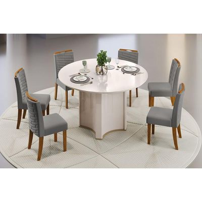 Mesa p/ Cozinha Chanel c/ Tampo Madeirado c/ Vidro Redondo 136x136cm Off White/Off White - DJ Móveis