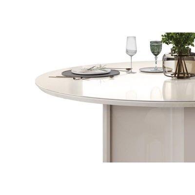 Mesa p/ Cozinha Chanel c/ Tampo Madeirado c/ Vidro Redondo 136x136cm Off White/Off White - DJ Móveis