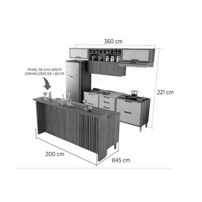 Kit de Cozinha Completa 8 Peças Imperatriz (3Aéreos+4Balcões+1Ilha) C8P53 Freijo/Off White - Nesher