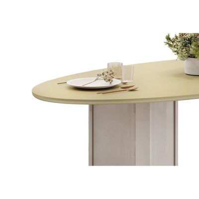 Mesa p/ Cozinha Liz c/ Tampo Madeirado c/ Vidro Oval 218x108cm Off White/Dourado - DJ Móveis