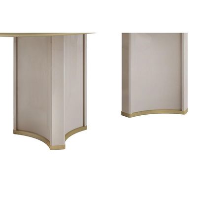 Mesa p/ Cozinha Liz c/ Tampo Madeirado c/ Vidro Oval 218x108cm Off White/Dourado - DJ Móveis