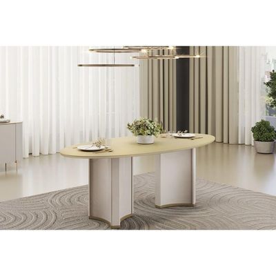 Mesa p/ Cozinha Liz c/ Tampo Madeirado c/ Vidro Oval 218x108cm Off White/Dourado - DJ Móveis