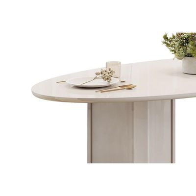 Mesa p/ Cozinha Liz c/ Tampo Madeirado c/ Vidro Oval 218x108cm Off White/Dourado - DJ Móveis