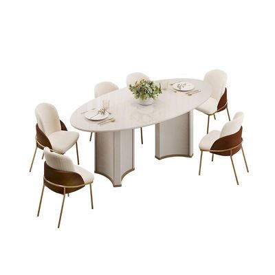 Mesa p/ Cozinha Liz c/ Tampo Madeirado c/ Vidro Oval 218x108cm Off White/Dourado - DJ Móveis