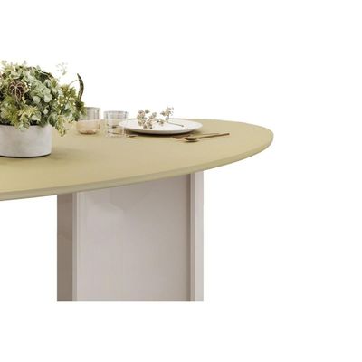Mesa p/ Cozinha Liz c/ Tampo Madeirado c/ Vidro Oval 218x108cm Off White/Dourado - DJ Móveis