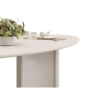 Mesa p/ Cozinha Liz c/ Tampo Madeirado c/ Vidro Oval 218x108cm Off White/Dourado - DJ Móveis