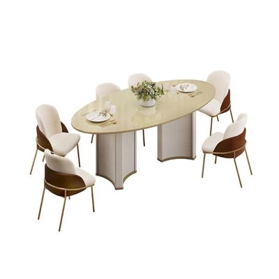 Mesa p/ Cozinha Liz c/ Tampo Madeirado c/ Vidro Oval 218x108cm Off White/Dourado - DJ Móveis