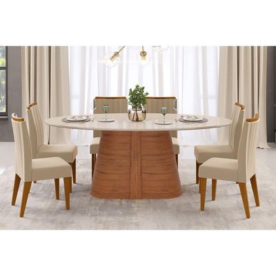 Mesa Multiuso Cozinha Ryze c/ Tampo Madeirado c/ Vidro Oval 218x108cm Cedro/Off White - DJ Móveis