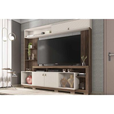 Home p/ TV até 65 Pol Sinfonia c/ 3 Portas e 7 Nichos 200x203cm Nogueira/Off White Mr - Caemmun