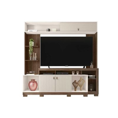 Home p/ TV até 65 Pol Sinfonia c/ 3 Portas e 7 Nichos 200x203cm Nogueira/Off White Mr - Caemmun
