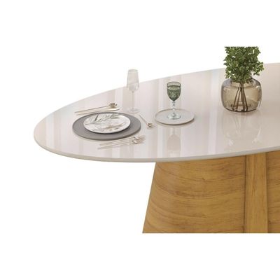 Mesa de Sala Jantar Ryze c/ Tampo Madeirado c/ Vidro Oval 218x108cm Freijo/Off White - DJ Móveis