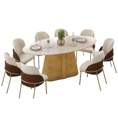 Mesa de Sala Jantar Ryze c/ Tampo Madeirado c/ Vidro Oval 218x108cm Freijo/Off White - DJ Móveis