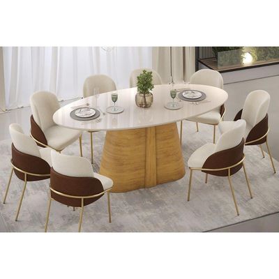 Mesa de Sala Jantar Ryze c/ Tampo Madeirado c/ Vidro Oval 218x108cm Freijo/Off White - DJ Móveis