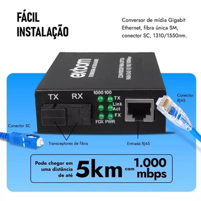 Par de Conversor Mídia Fibra Óptica A+B para RJ45 Gigabit 1000Mbps