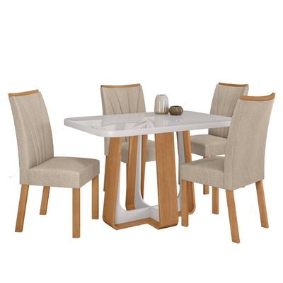 Conjunto Sala de Jantar Mesa Easy Pop 120x80cm Tampo MDF 40mm com 4 Cadeiras Confort Amêndoa/Off