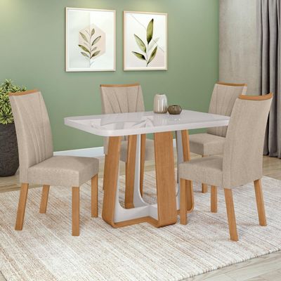 Conjunto Sala de Jantar Mesa Easy Pop 120x80cm Tampo MDF 40mm com 4 Cadeiras Confort Amêndoa/Off
