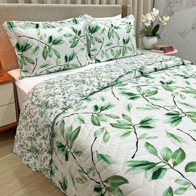 Cobre Leito King Confort Print Micropercal 300 Fios Toque De Algodão 3 Peças - Flores Verdes