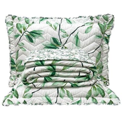 Cobre Leito King Confort Print Micropercal 300 Fios Toque De Algodão 3 Peças - Flores Verdes