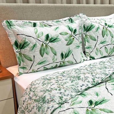 Cobre Leito King Confort Print Micropercal 300 Fios Toque De Algodão 3 Peças - Flores Verdes