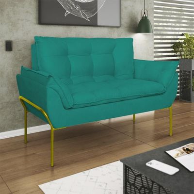 Kit 02 Poltronas Opala + Namoradeira Base Metal Dourada Azul Turquesa