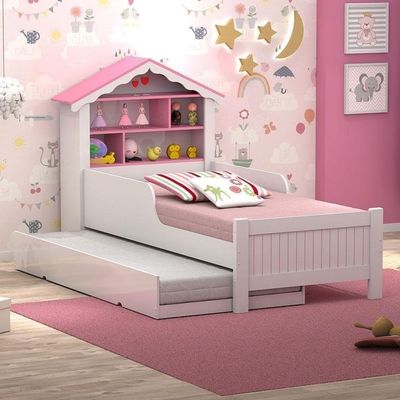 Bicama Infantil Solteiro Menina Casinha Branco Rosa