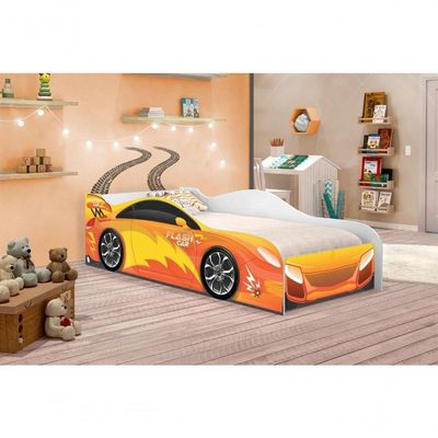 Cama Carro Menino Laranja Solteiro Com Colchão