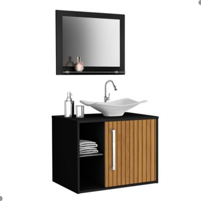 Conjunto Gabinete E Espelheira Grenoble Preto Ripado