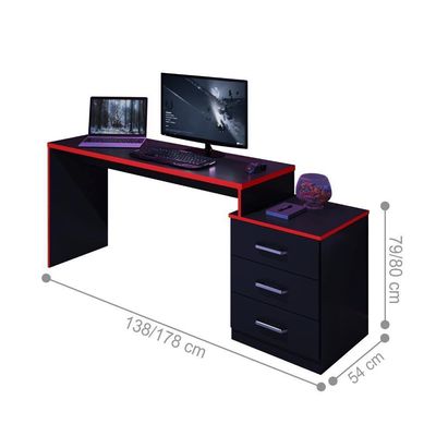 Mesa Para Computador Com 3 Gavetas Vijay Preto Vrermelho