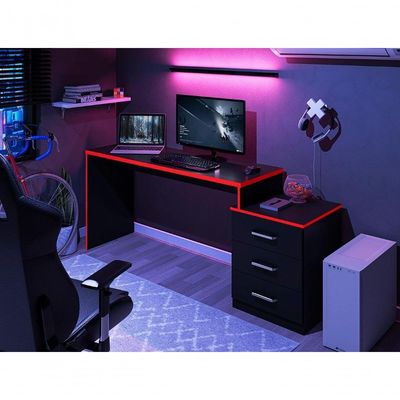 Mesa Para Computador Com 3 Gavetas Vijay Preto Vrermelho