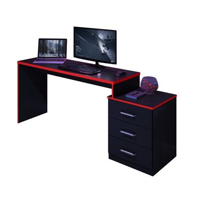 Mesa Para Computador Com 3 Gavetas Vijay Preto Vrermelho