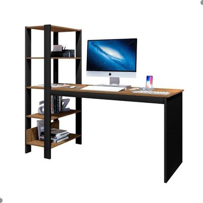 Mesa Industrial Com Prateleira Para Escritório Simet Preto E Canela