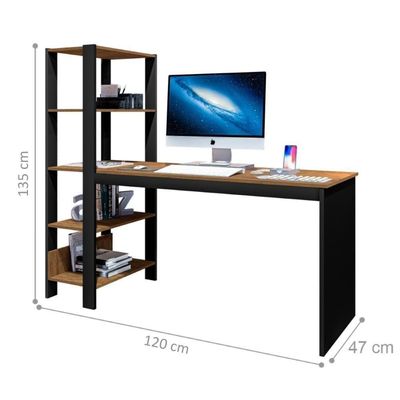 Mesa Industrial Com Prateleira Para Escritório Simet Preto E Canela