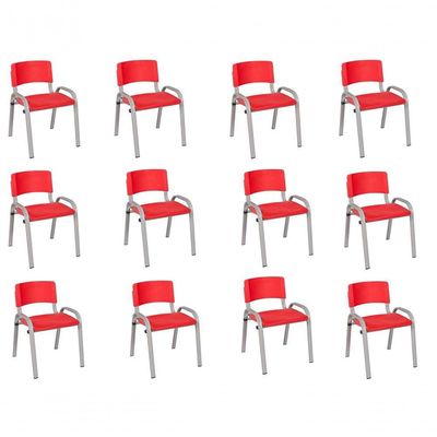 Kit 12 Cadeiras Infantil Iso, Escola, Base Cinza- Vermelho