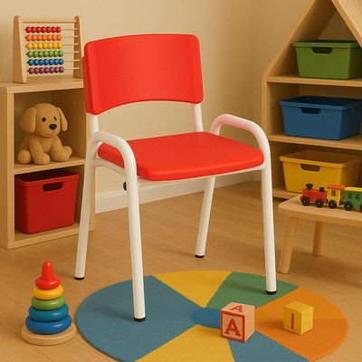 Kit 7 Cadeiras Infantil Iso, Escola, Base Branco- Vermelho