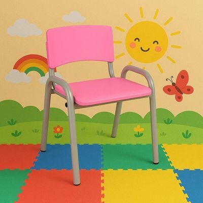 Kit 7 Cadeiras Infantil Iso, Escola, Base Cinza- Rosa