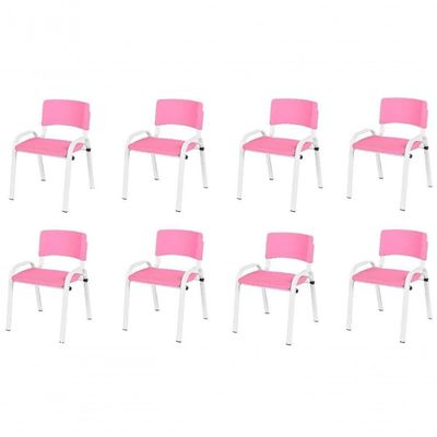 Kit 8 Cadeiras Infantil Iso, Escola, Base Branco- Rosa