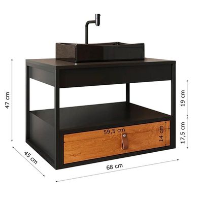 Gabinete Harley 1 Gaveta Espelho Retangular Led 60cm Bivolt Preto/Nature