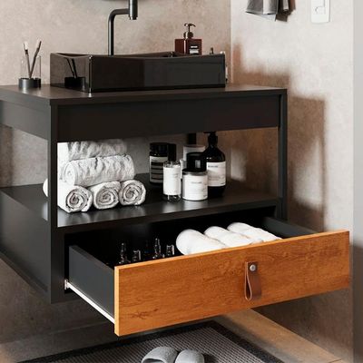 Gabinete Harley 1 Gaveta Espelho Retangular Led 60cm Bivolt Preto/Nature