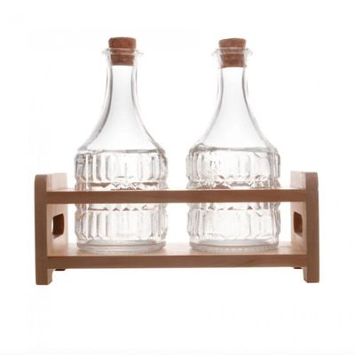 Conjunto 2 Garrafas de Azeite Suporte em Madeira 180ml Lyor