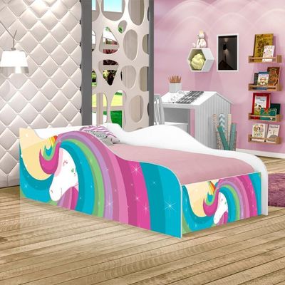 Cama Carro Fun Adesivada Unicórnio Arco íris Solteiro